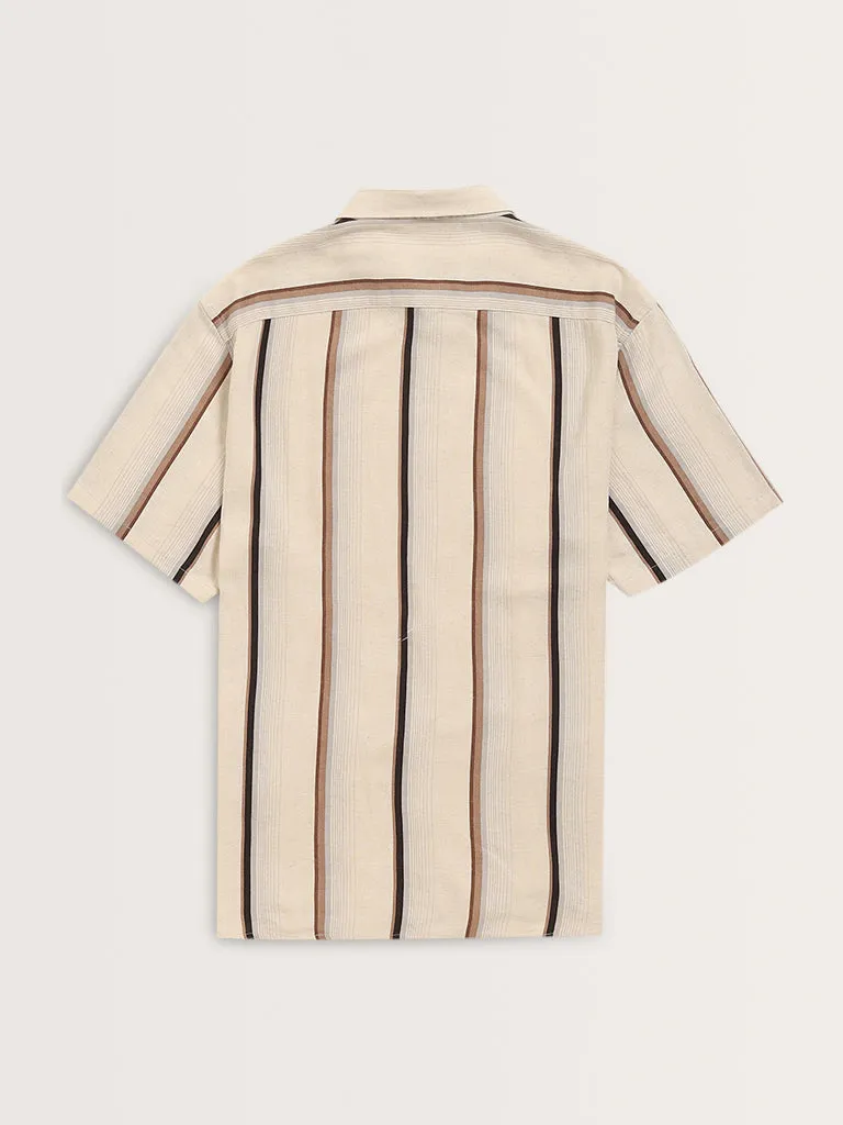 Ascot Beige Stripe Printed Relaxed-Fit Blended Linen Shirt