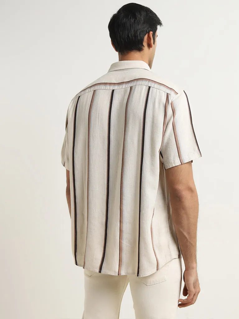 Ascot Beige Stripe Printed Relaxed-Fit Blended Linen Shirt