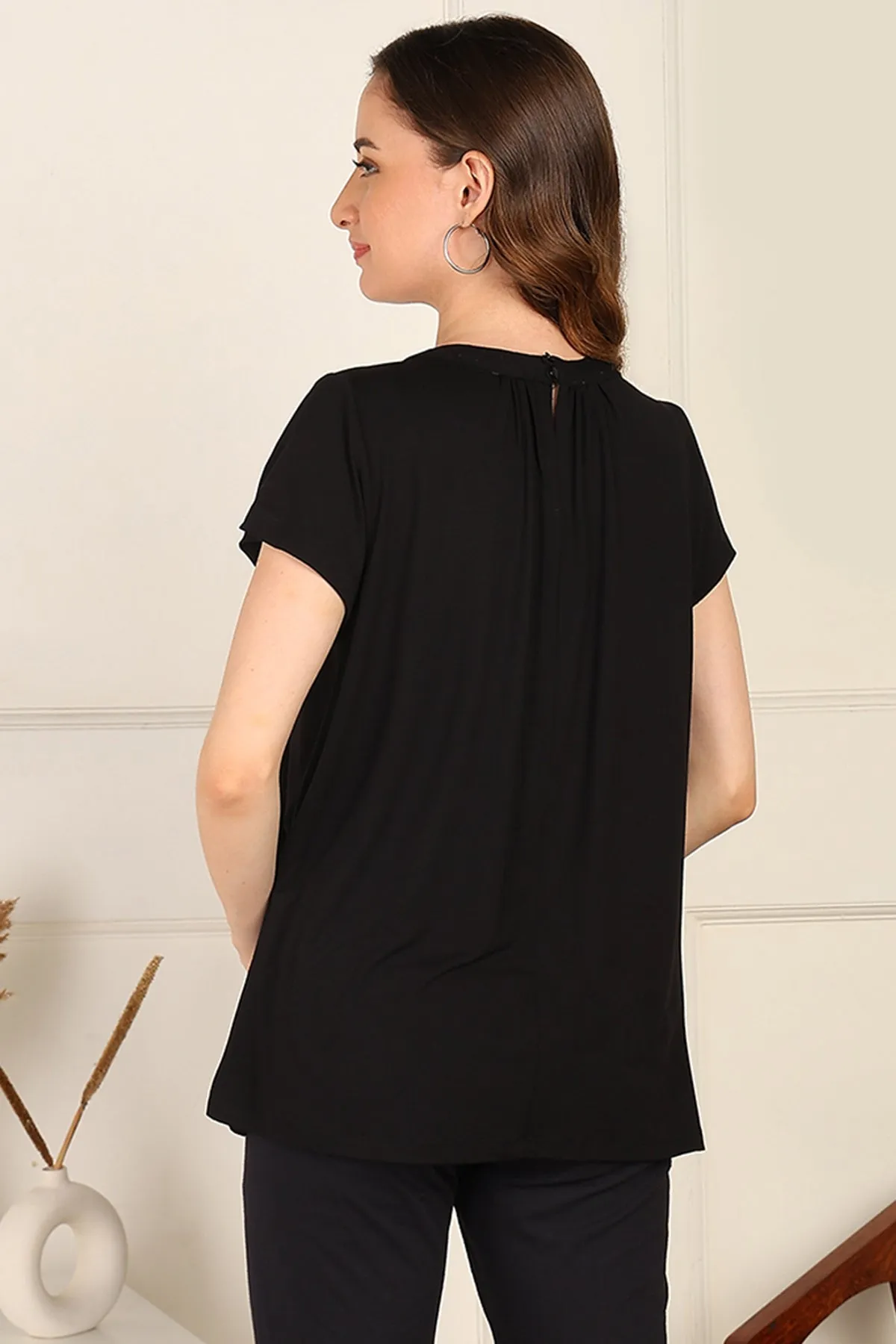 Black Pleated Zipless Nursing Top