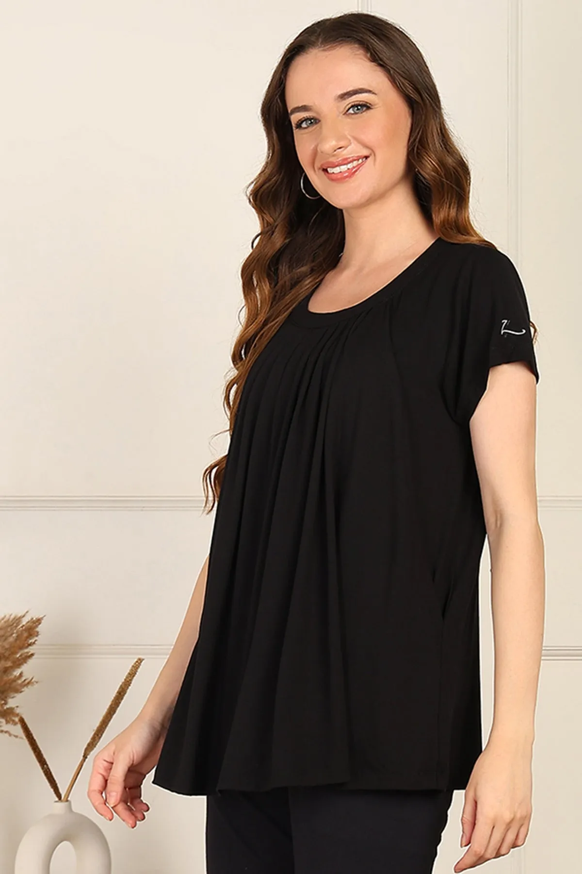 Black Pleated Zipless Nursing Top