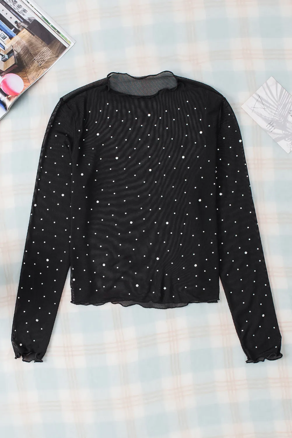 Black Rhinestone Sheer Mesh Slim Fit Long Sleeve Top