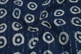 Blue & White Motifs Cotton Lurex Stripe Fabric