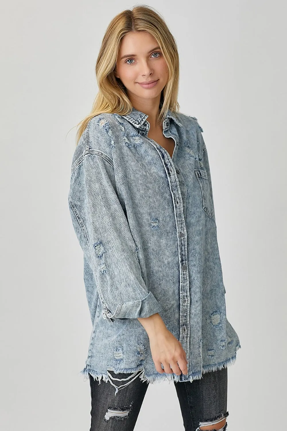 Boston Distressed Raw Hem Denim Shirt