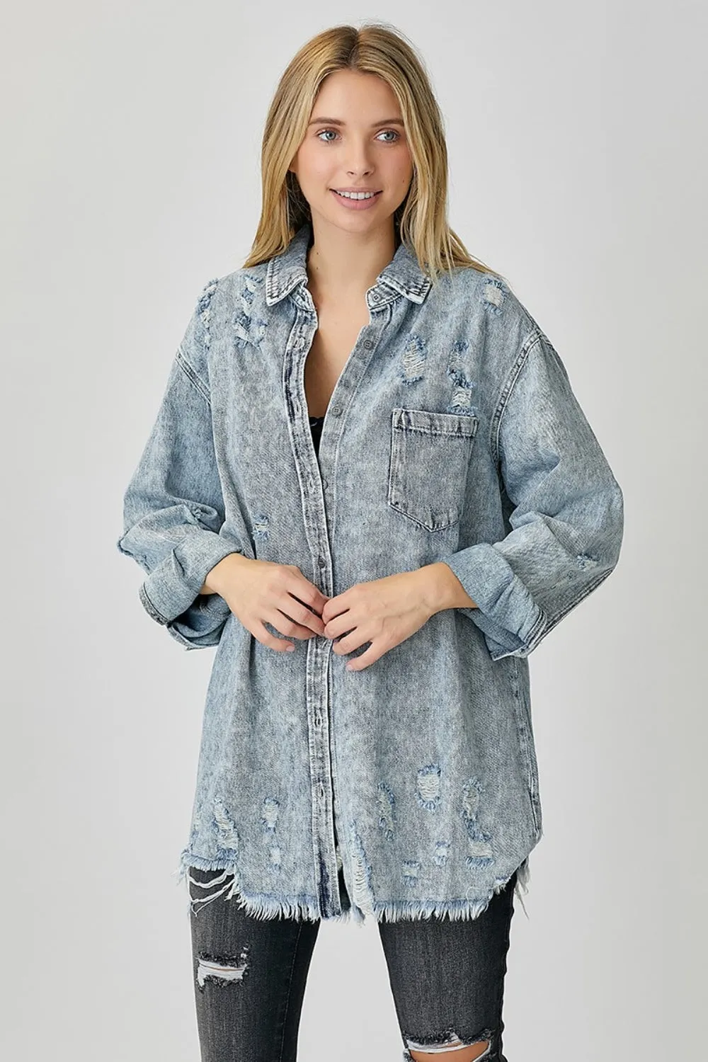 Boston Distressed Raw Hem Denim Shirt