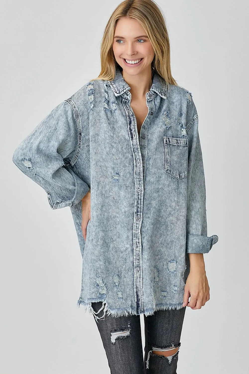 Boston Distressed Raw Hem Denim Shirt