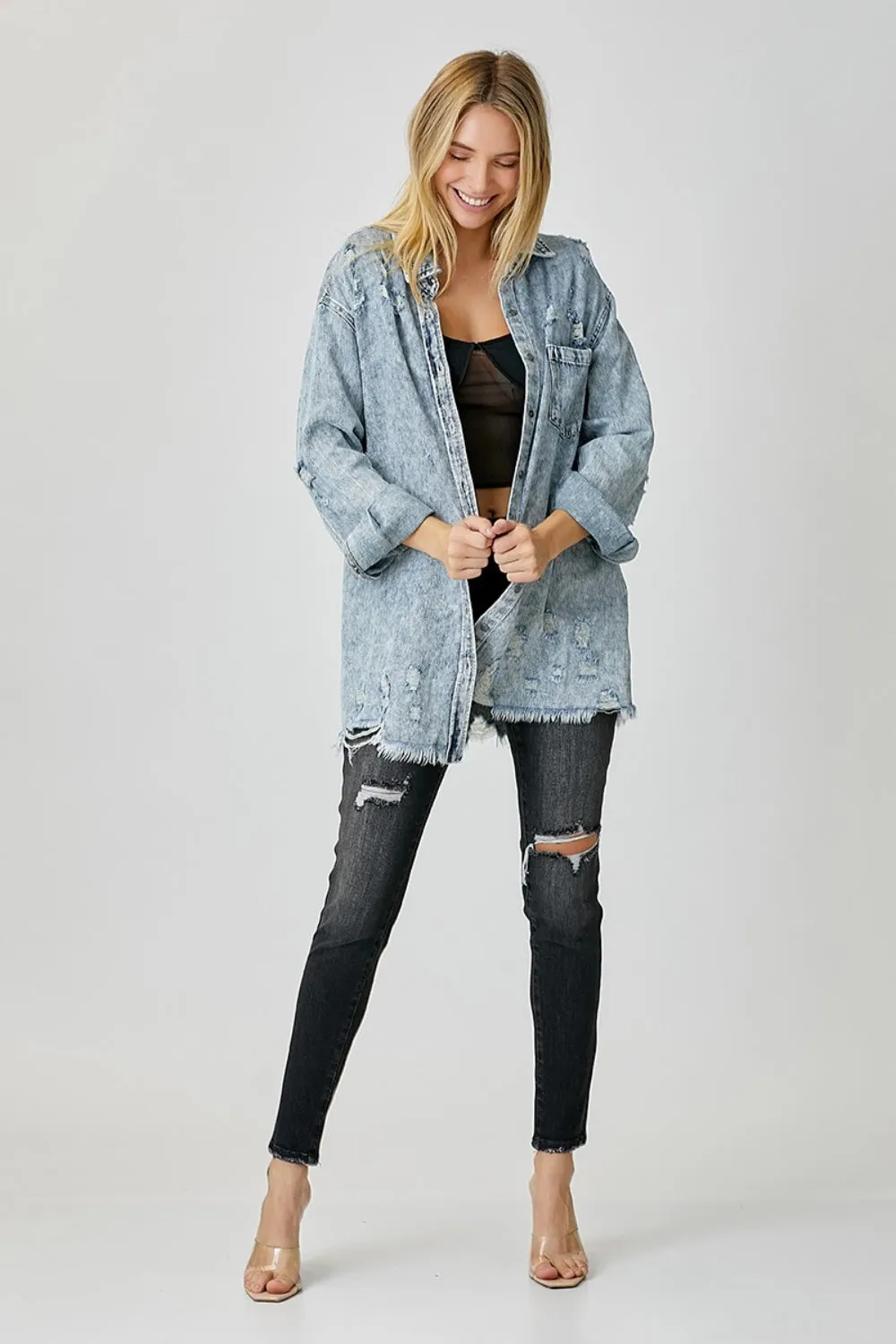 Boston Distressed Raw Hem Denim Shirt