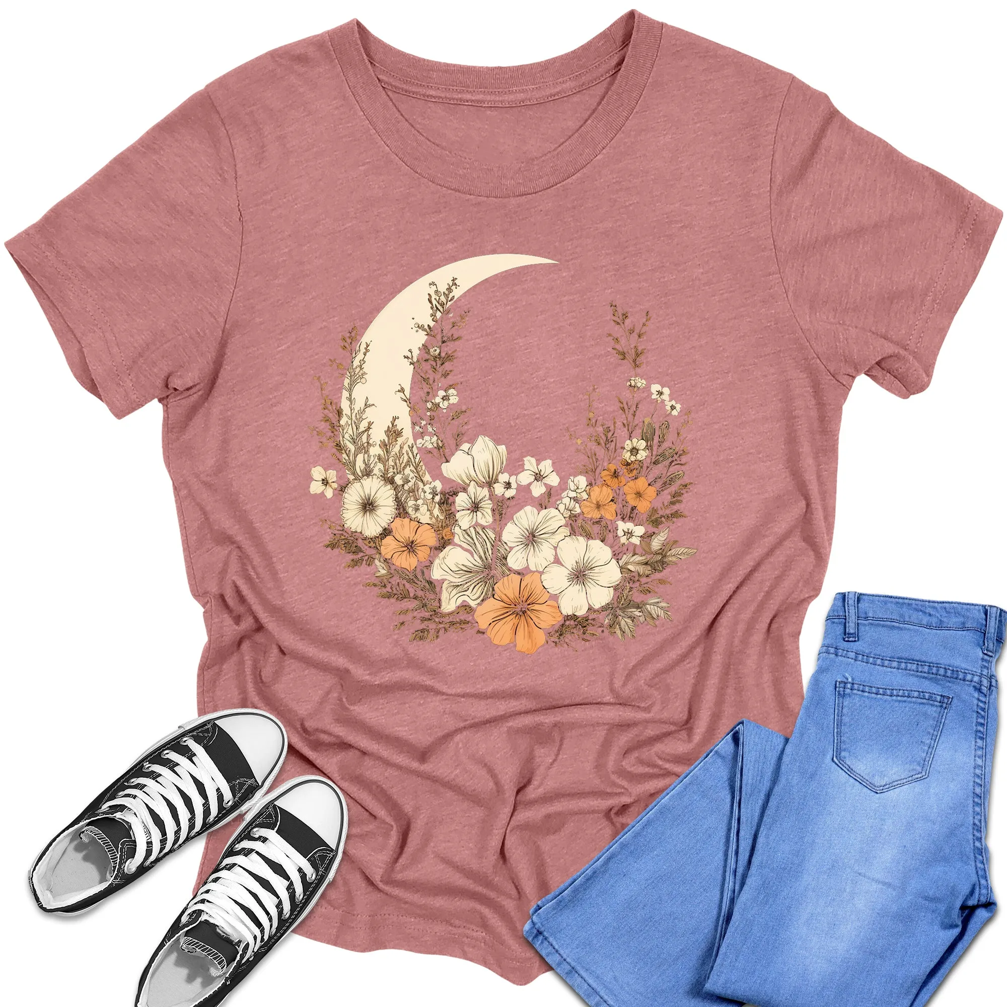 Boys and Girls Trendy Crescent Moon Floral Graphic Tees