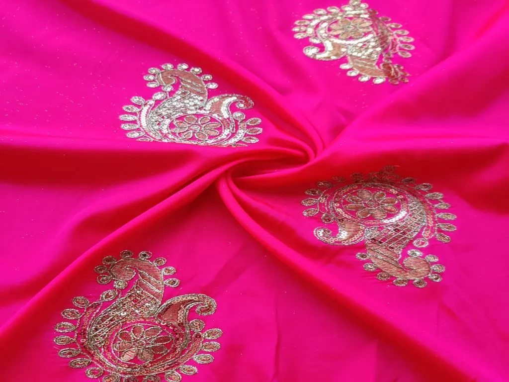 Bright Pink Dori and Sequins Embroidered Taffeta Silk Fabric