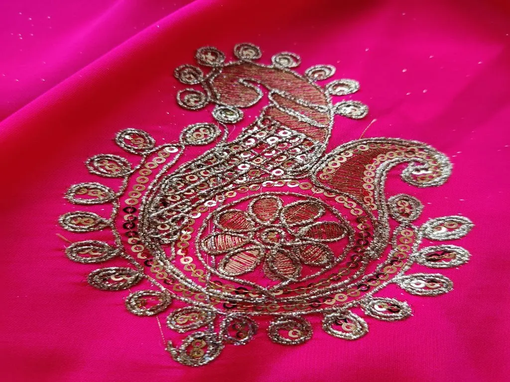 Bright Pink Dori and Sequins Embroidered Taffeta Silk Fabric