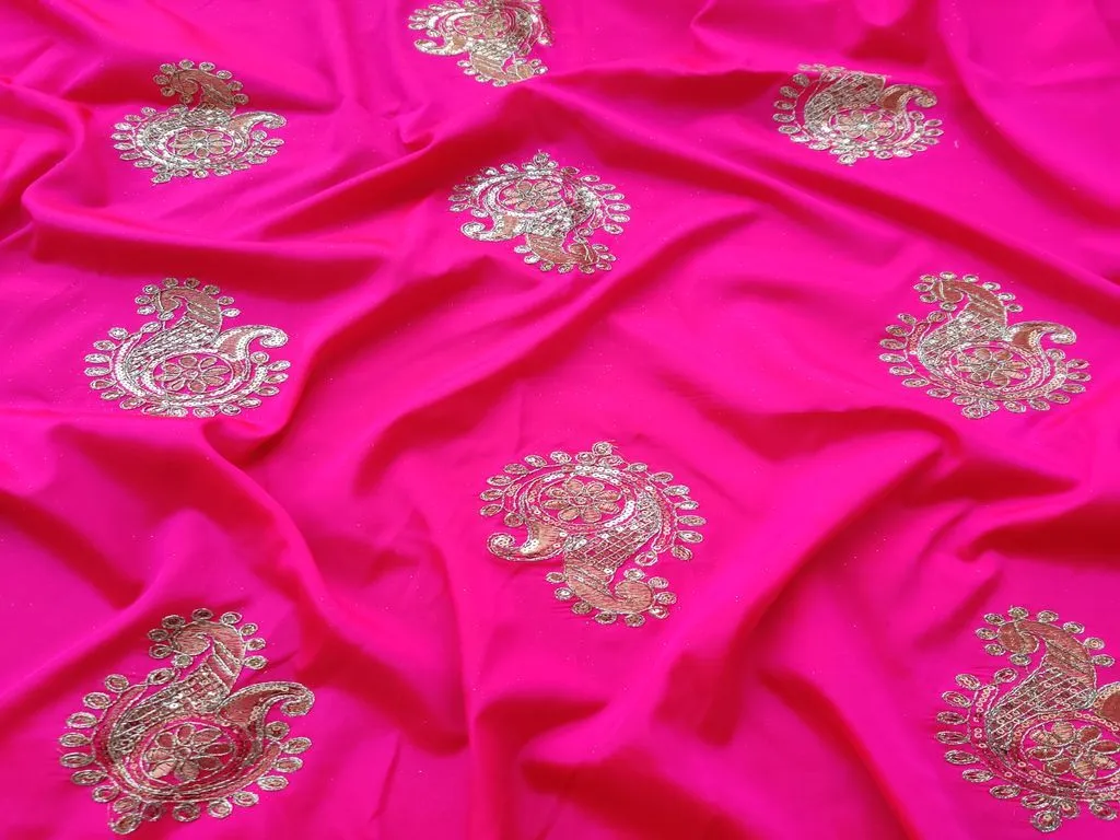 Bright Pink Dori and Sequins Embroidered Taffeta Silk Fabric