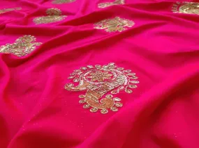 Bright Pink Dori and Sequins Embroidered Taffeta Silk Fabric