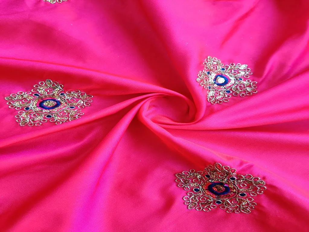 Bright Pink Golden Dori and Sequins Flowers Embroidered Taffeta Silk Fabric