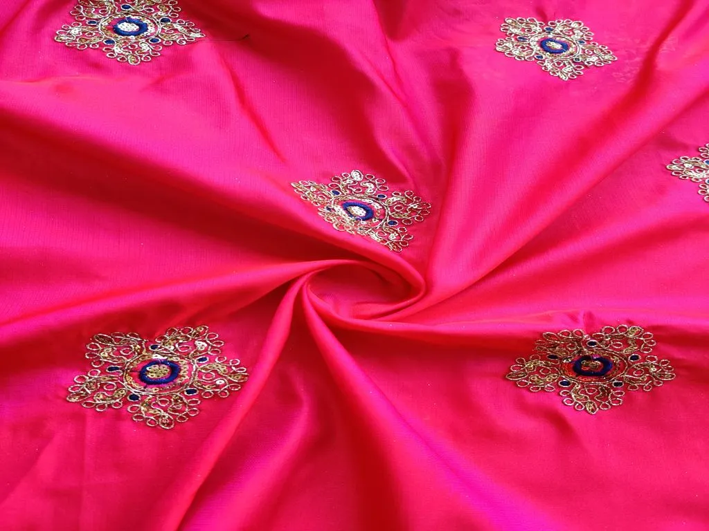 Bright Pink Golden Dori and Sequins Flowers Embroidered Taffeta Silk Fabric