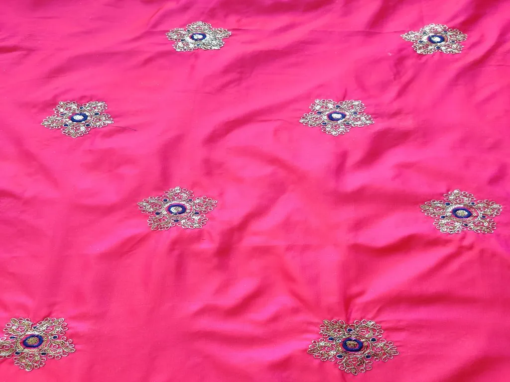 Bright Pink Golden Dori and Sequins Flowers Embroidered Taffeta Silk Fabric