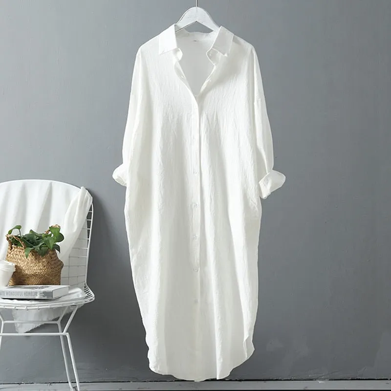 Casual V-Neck Cotton Linen Dress with Pockets