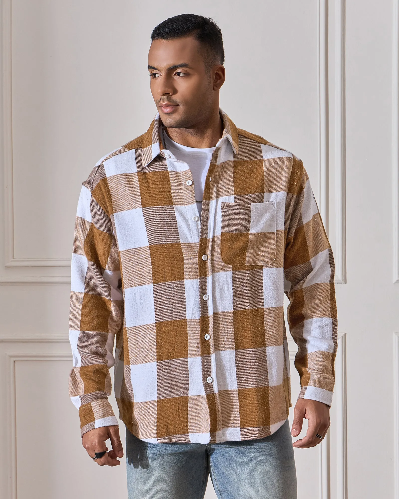 Chimpaaanzee Men Brown & White Oversized Fit Shirt