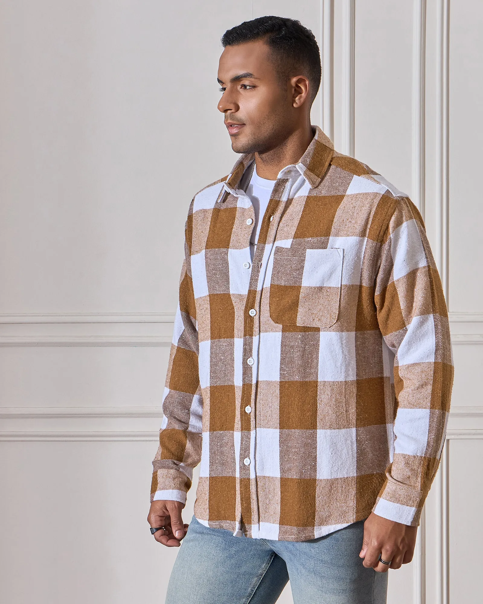 Chimpaaanzee Men Brown & White Oversized Fit Shirt