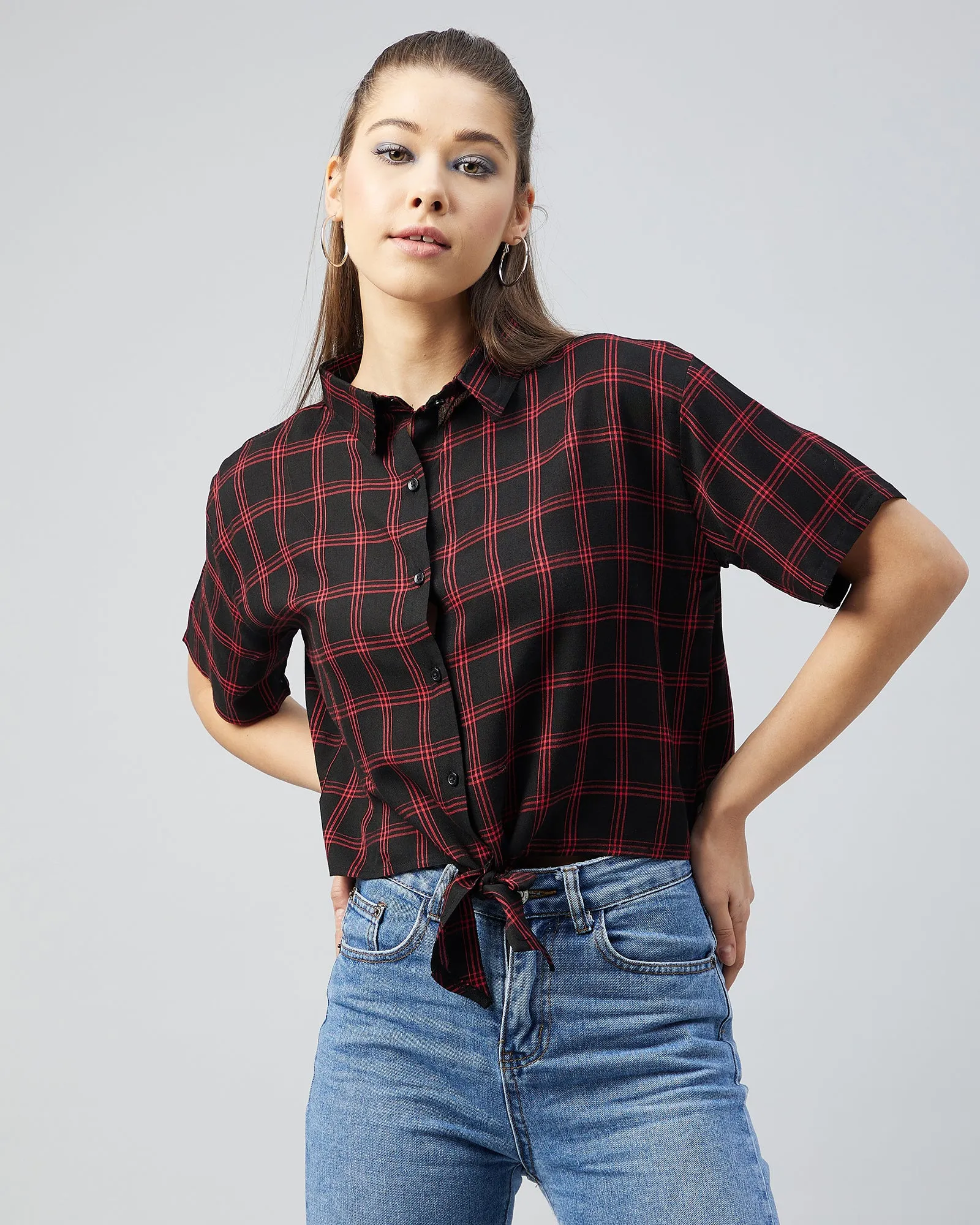 Chimpaaanzee Women Black and Red Half Sleeve Knotted Shirt