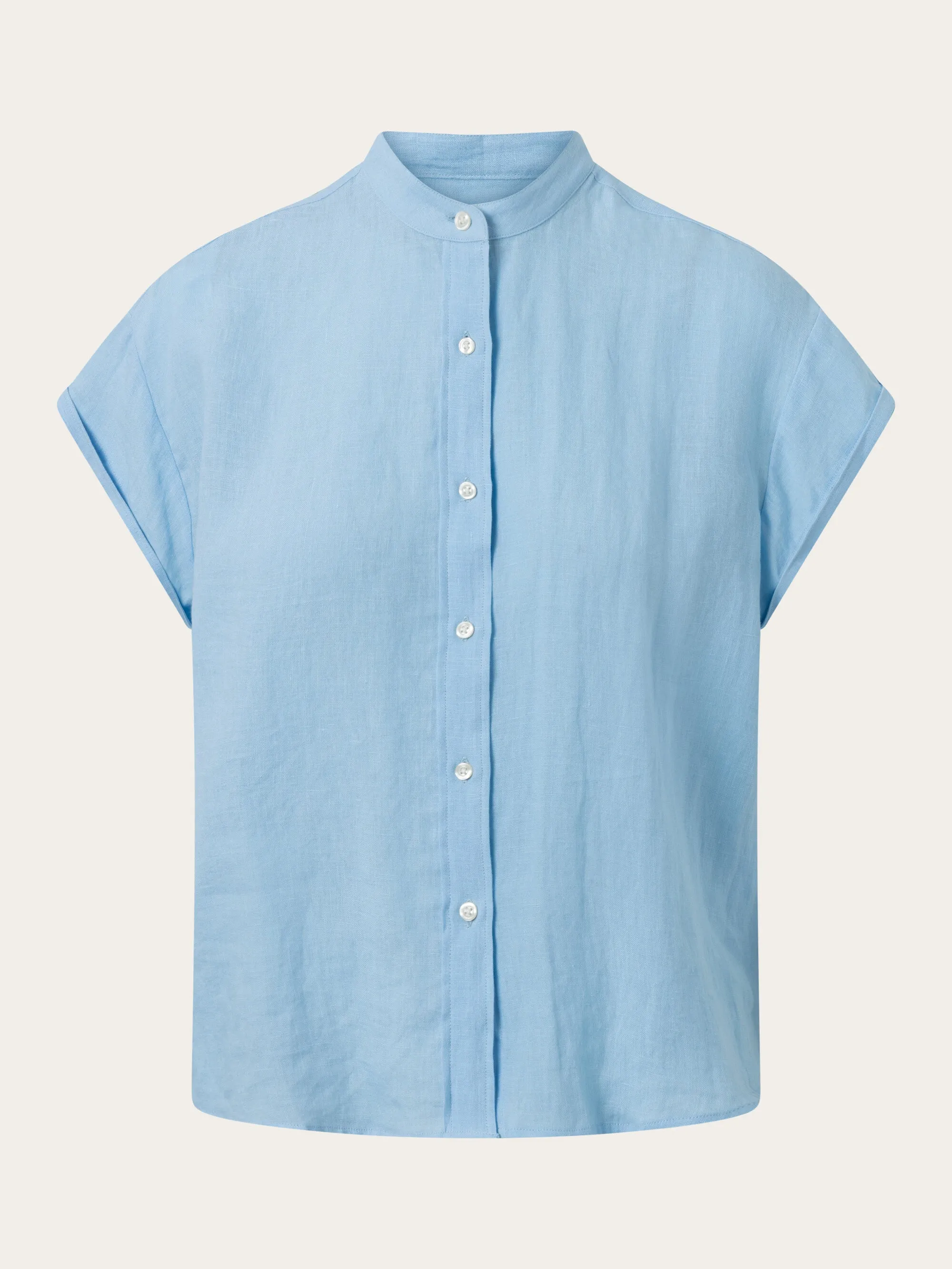 Collar stand short sleeve linen shirt - Airy Blue