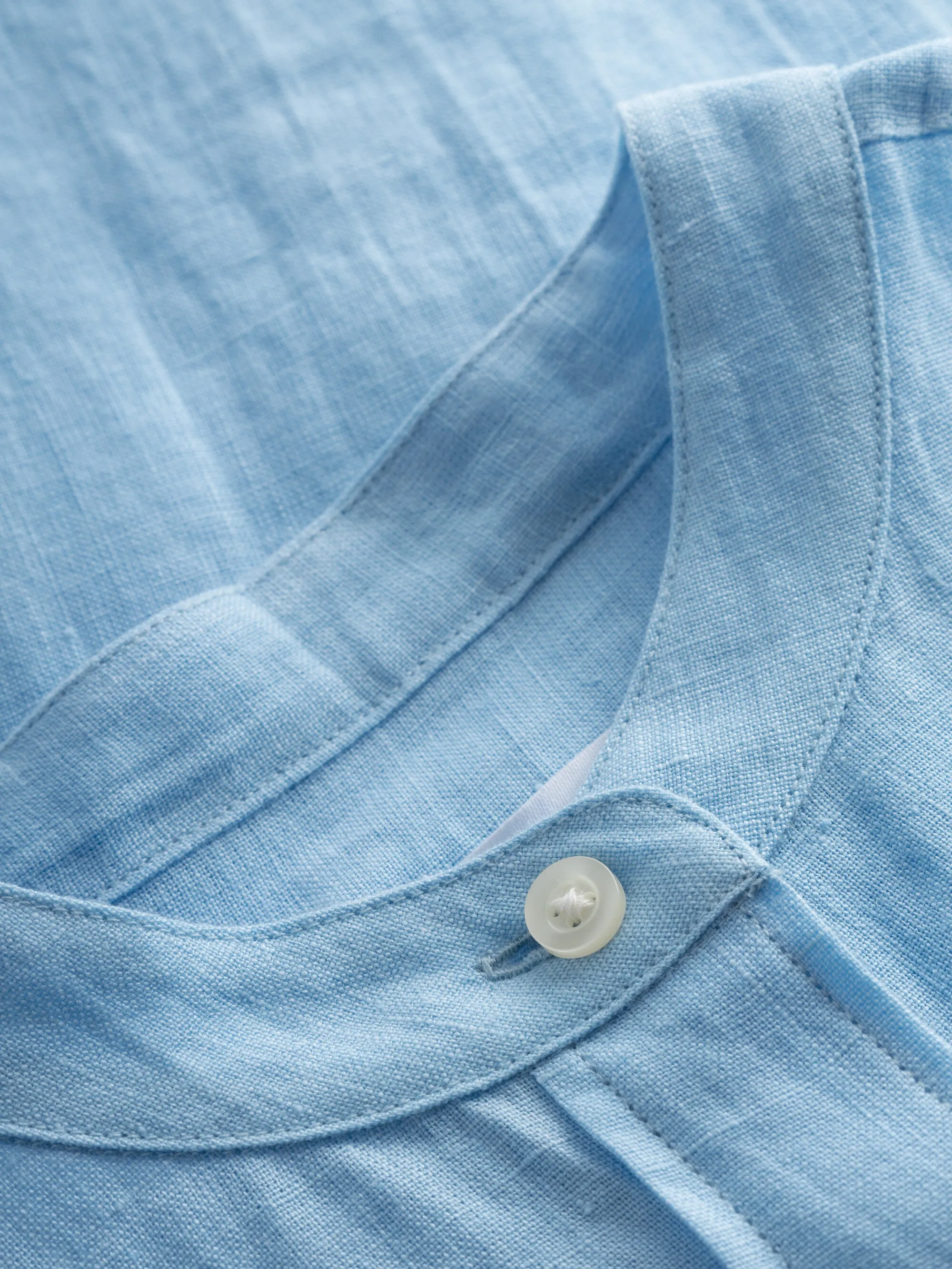 Collar stand short sleeve linen shirt - Airy Blue