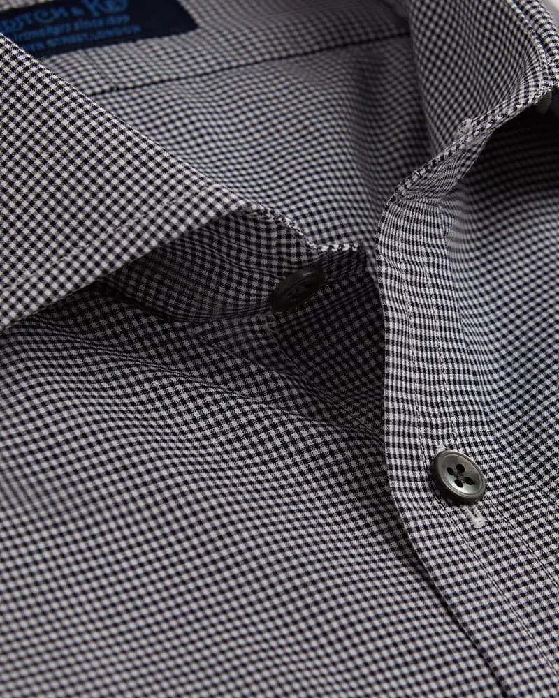 Contemporary Fit Black Check Cotton Shirt with Cut-away Collar & Two Button Cuff