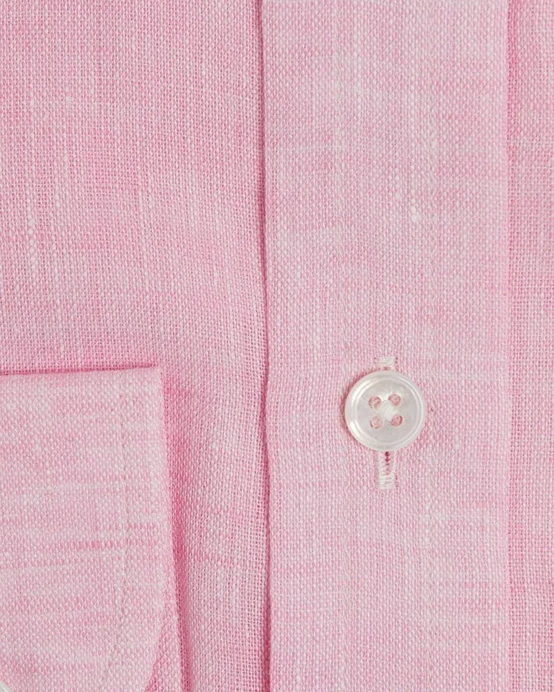 Contemporary Fit, Button Down Collar, 2 Button Cuff Shirt in Plain Pink Linen