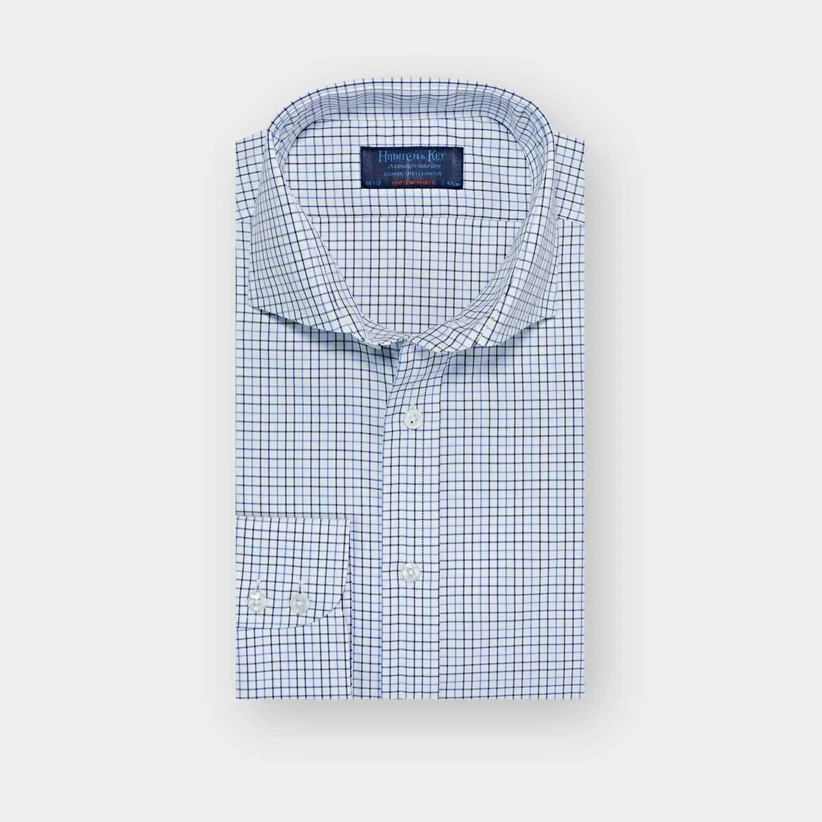 Contemporary Fit White, Blue & Navy Twill Check Cotton Shirt with Cut-away Collar & Two Button Cuff