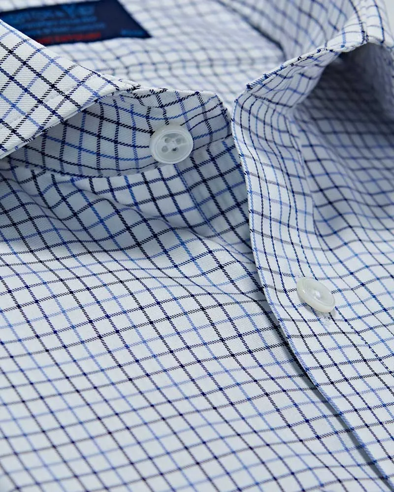 Contemporary Fit White, Blue & Navy Twill Check Cotton Shirt with Cut-away Collar & Two Button Cuff