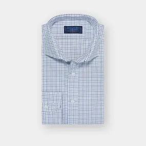 Contemporary Fit White, Blue & Navy Twill Check Cotton Shirt with Cut-away Collar & Two Button Cuff