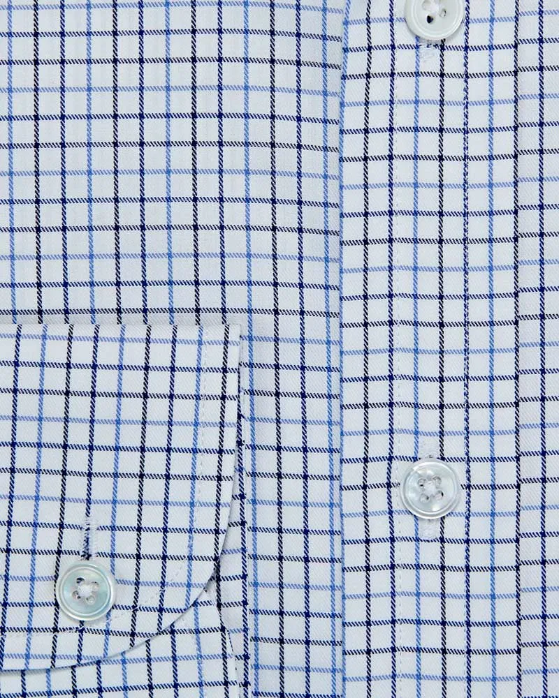 Contemporary Fit White, Blue & Navy Twill Check Cotton Shirt with Cut-away Collar & Two Button Cuff