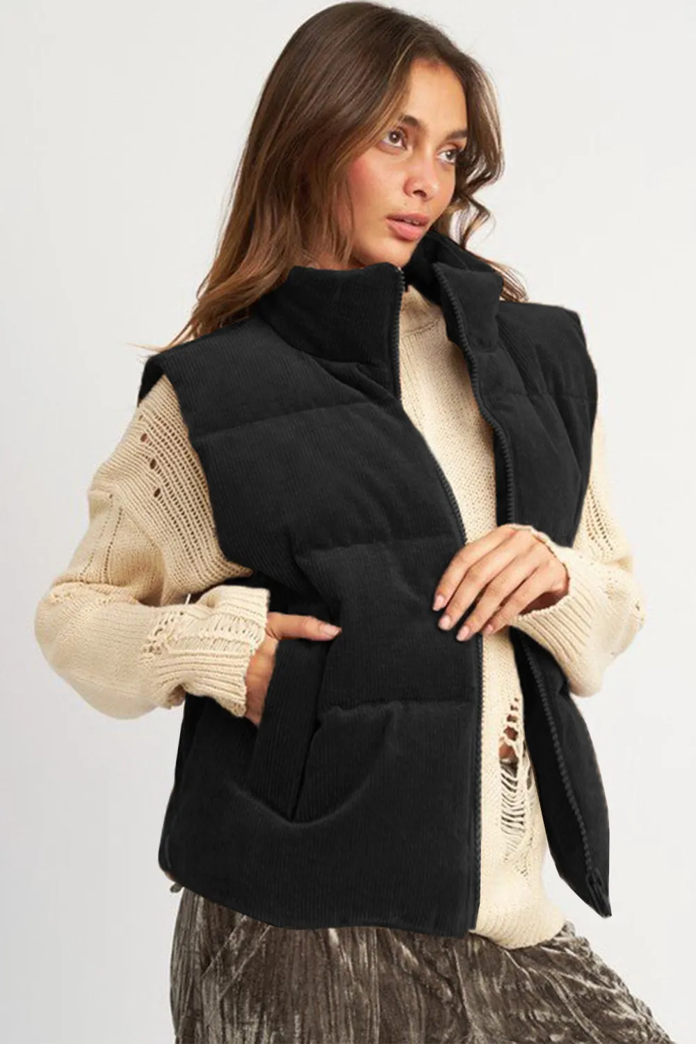 Corduroy Stand Neck Zipped Puffer Vest