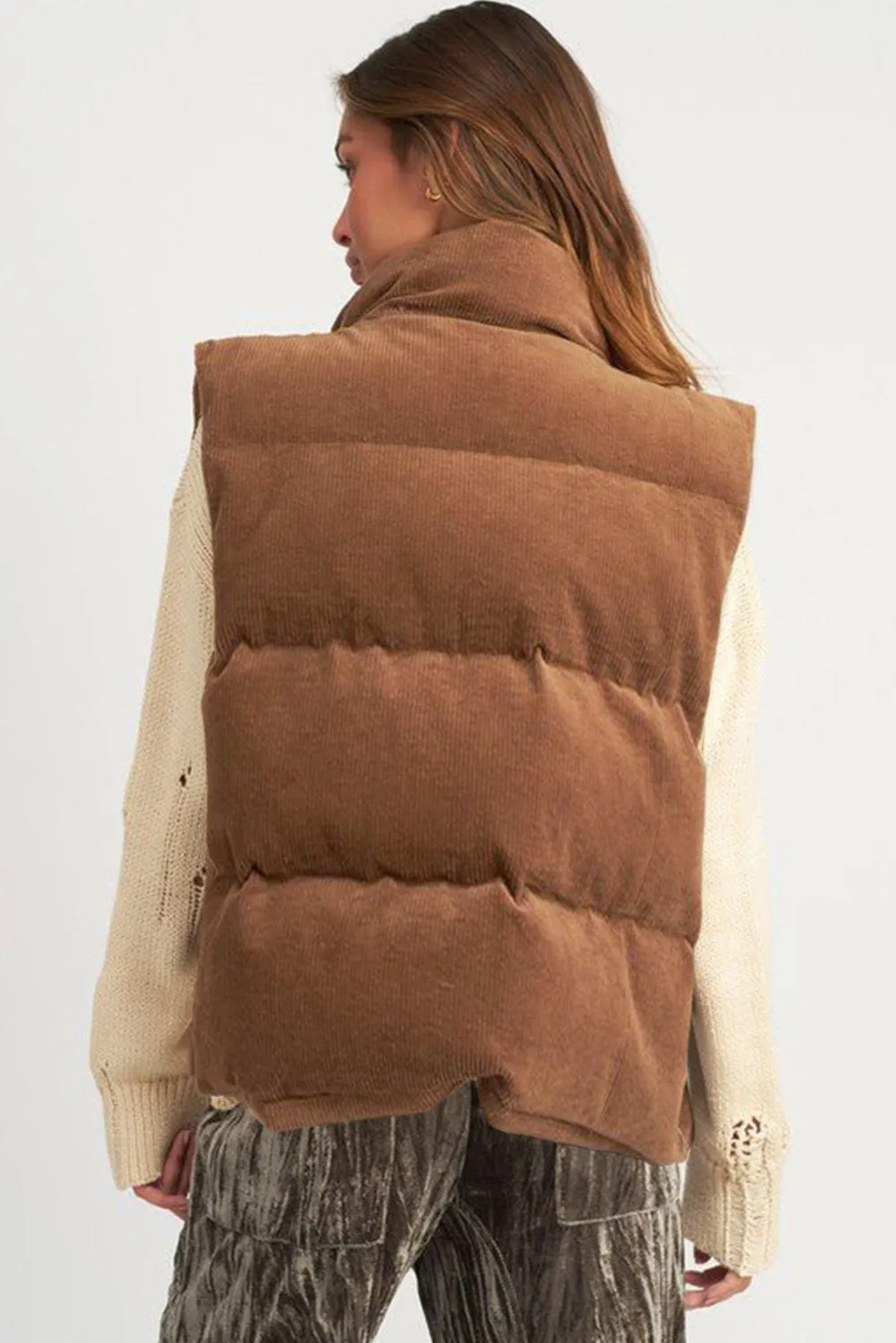 Corduroy Stand Neck Zipped Puffer Vest