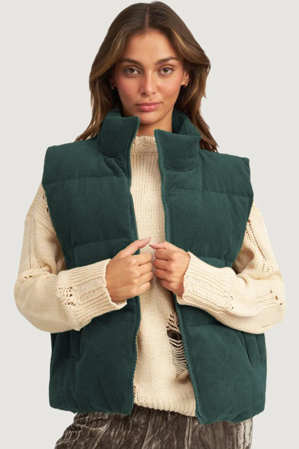 Corduroy Stand Neck Zipped Puffer Vest