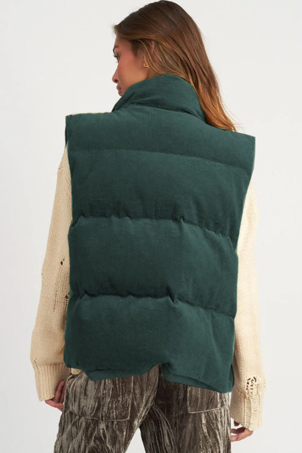 Corduroy Stand Neck Zipped Puffer Vest