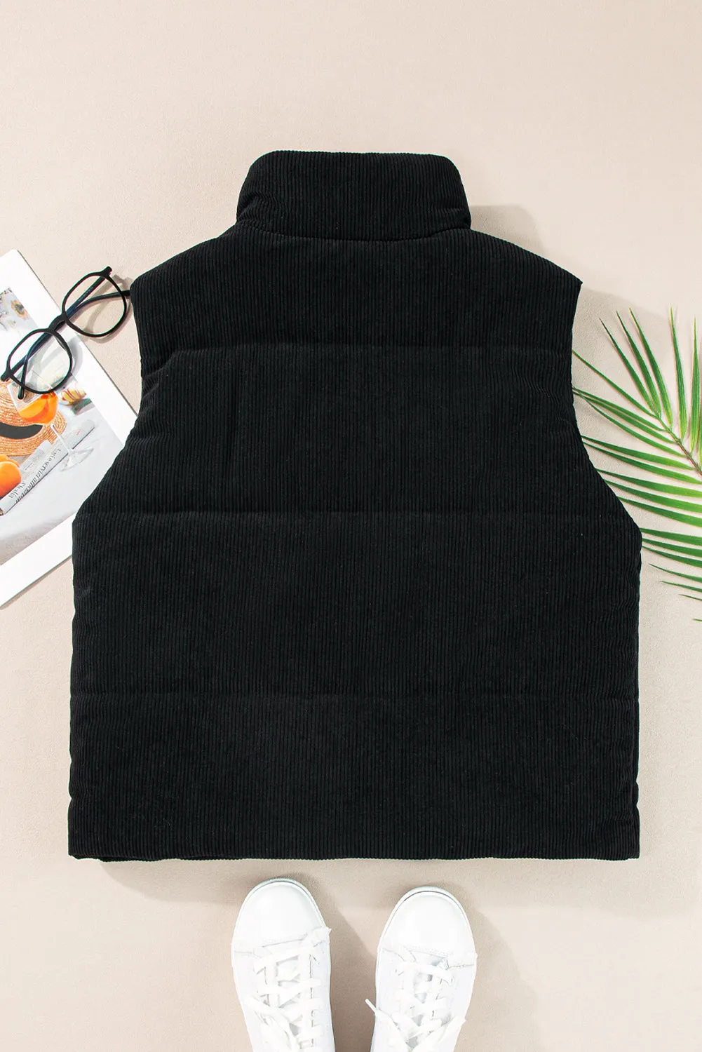 Corduroy Stand Neck Zipped Puffer Vest