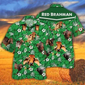 Cow men's Hawaiian shirt - Vintage Farm Hawaiian Shirts, Red Brahman Cattle Lovers Green Floral Pattern Hawaiian Shirt