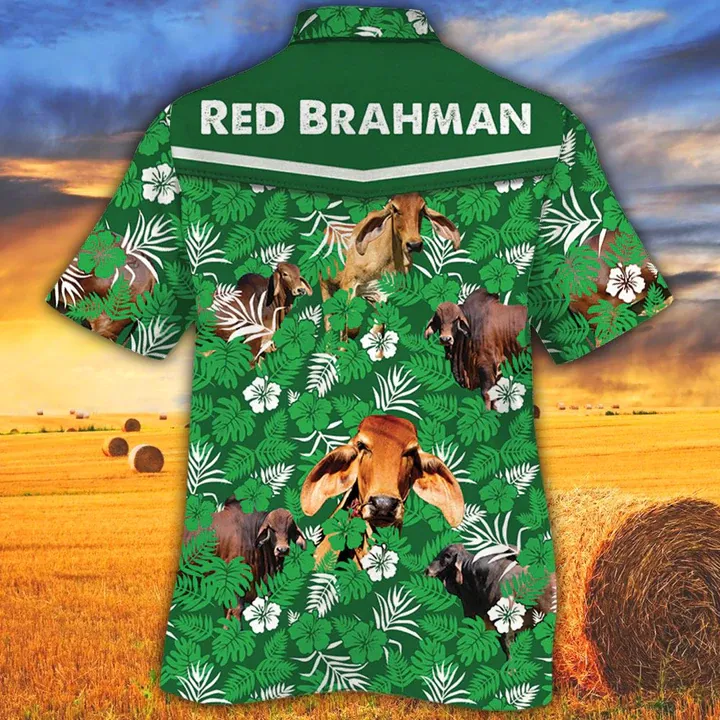 Cow men's Hawaiian shirt - Vintage Farm Hawaiian Shirts, Red Brahman Cattle Lovers Green Floral Pattern Hawaiian Shirt