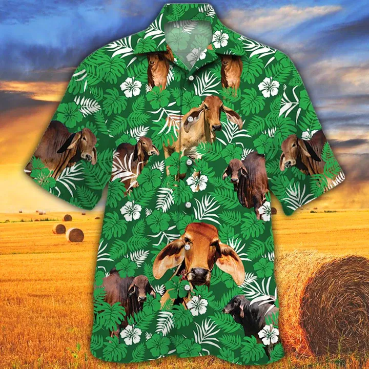 Cow men's Hawaiian shirt - Vintage Farm Hawaiian Shirts, Red Brahman Cattle Lovers Green Floral Pattern Hawaiian Shirt