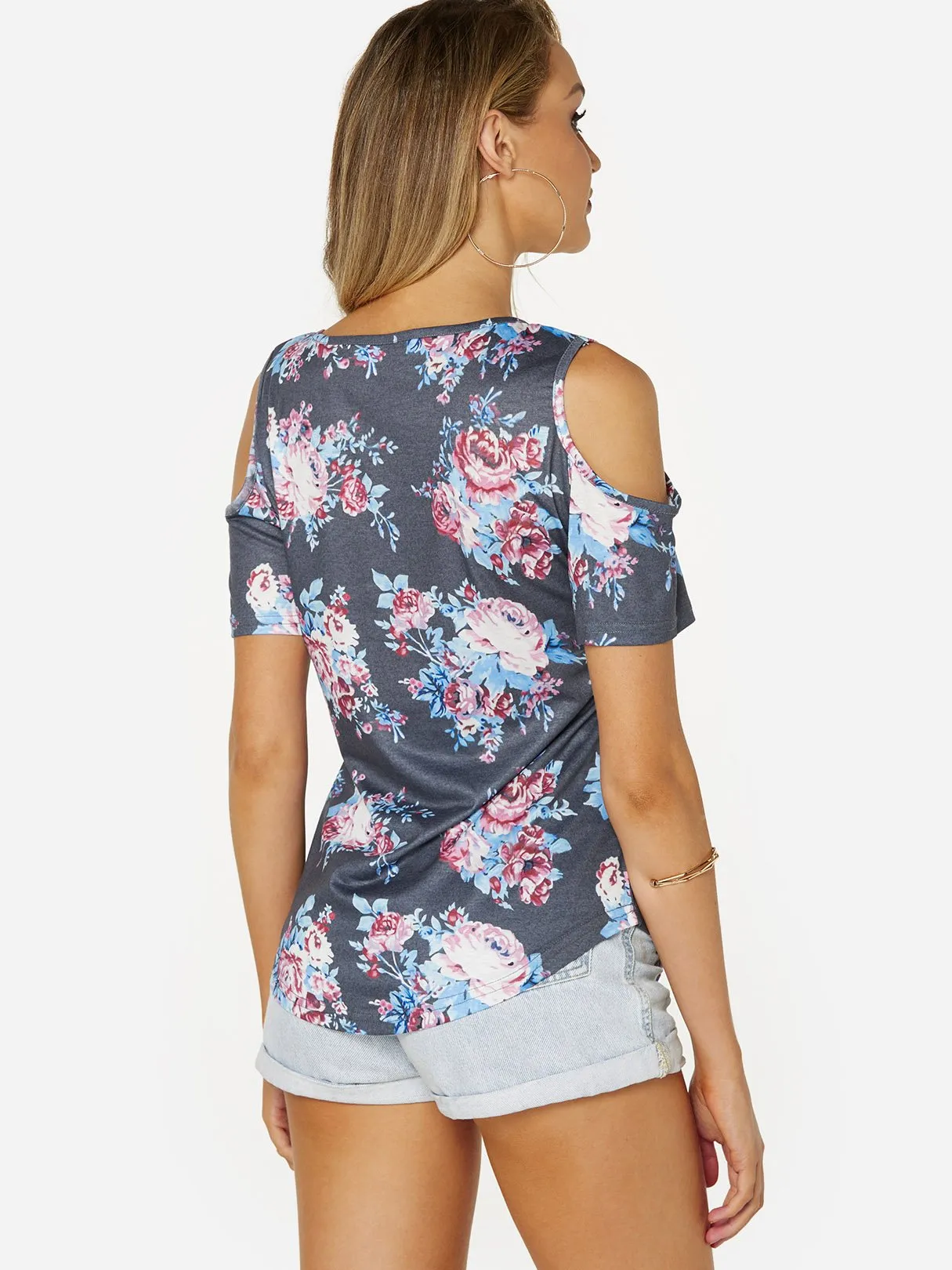 Custom Cold Shoulder Floral Print Crossed Front Short Sleeve Grey Blouses