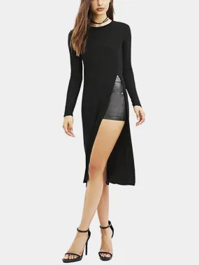 Custom Crew Neck Long Sleeve Slit Hem Black Top