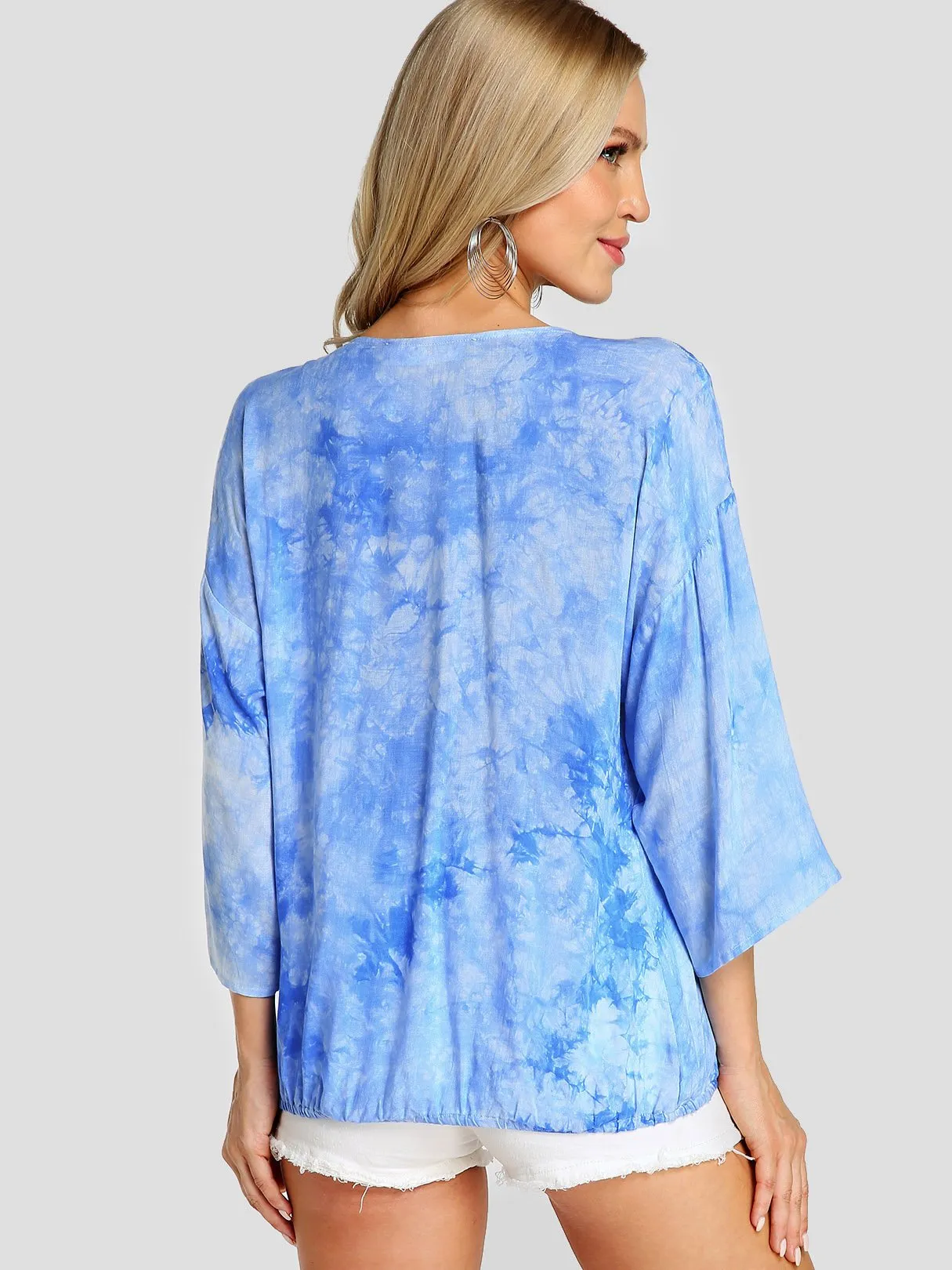 Custom Deep V Neck Crossed Front Lace-Up 3/4 Sleeve Blue Blouses