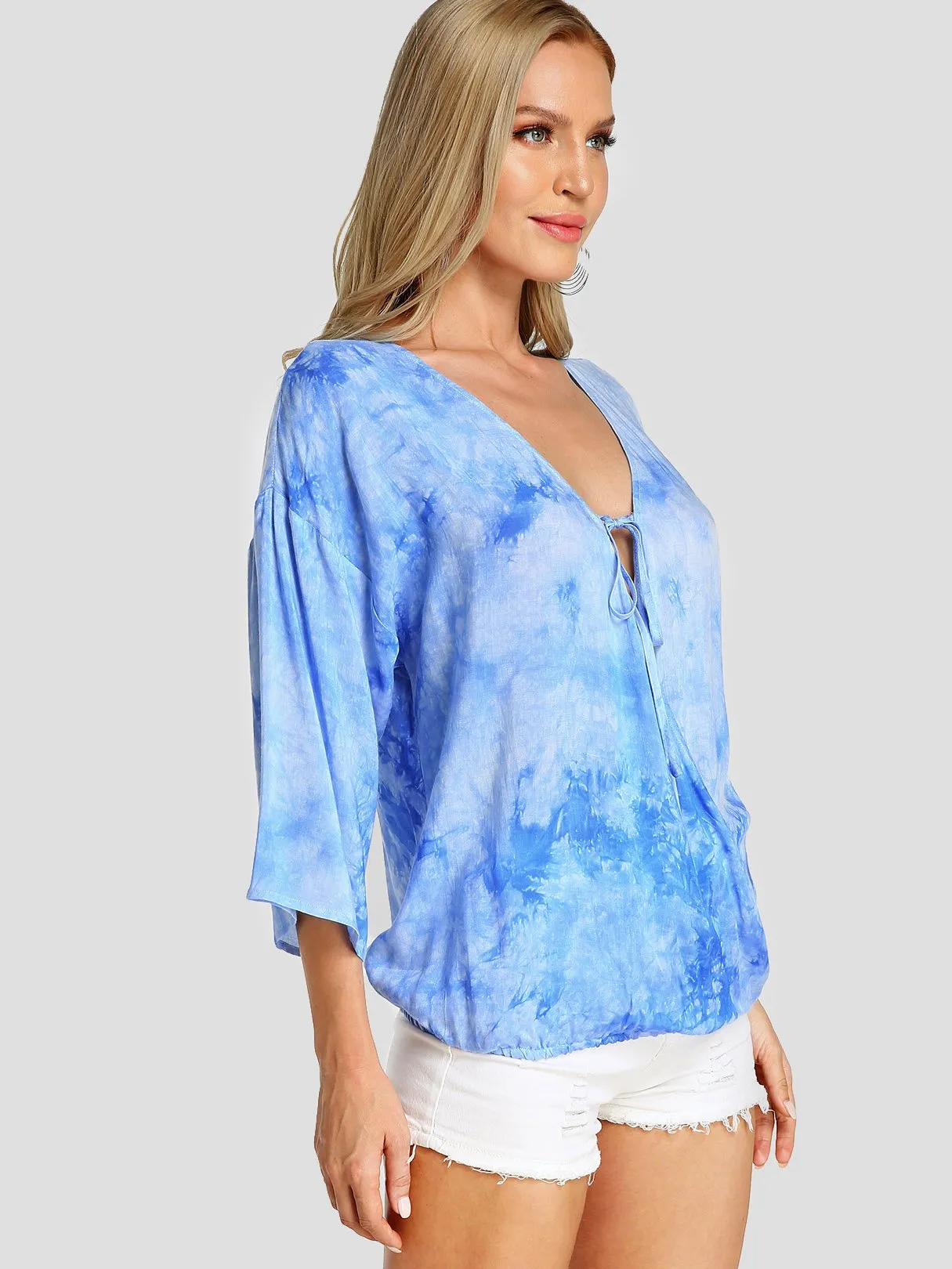 Custom Deep V Neck Crossed Front Lace-Up 3/4 Sleeve Blue Blouses