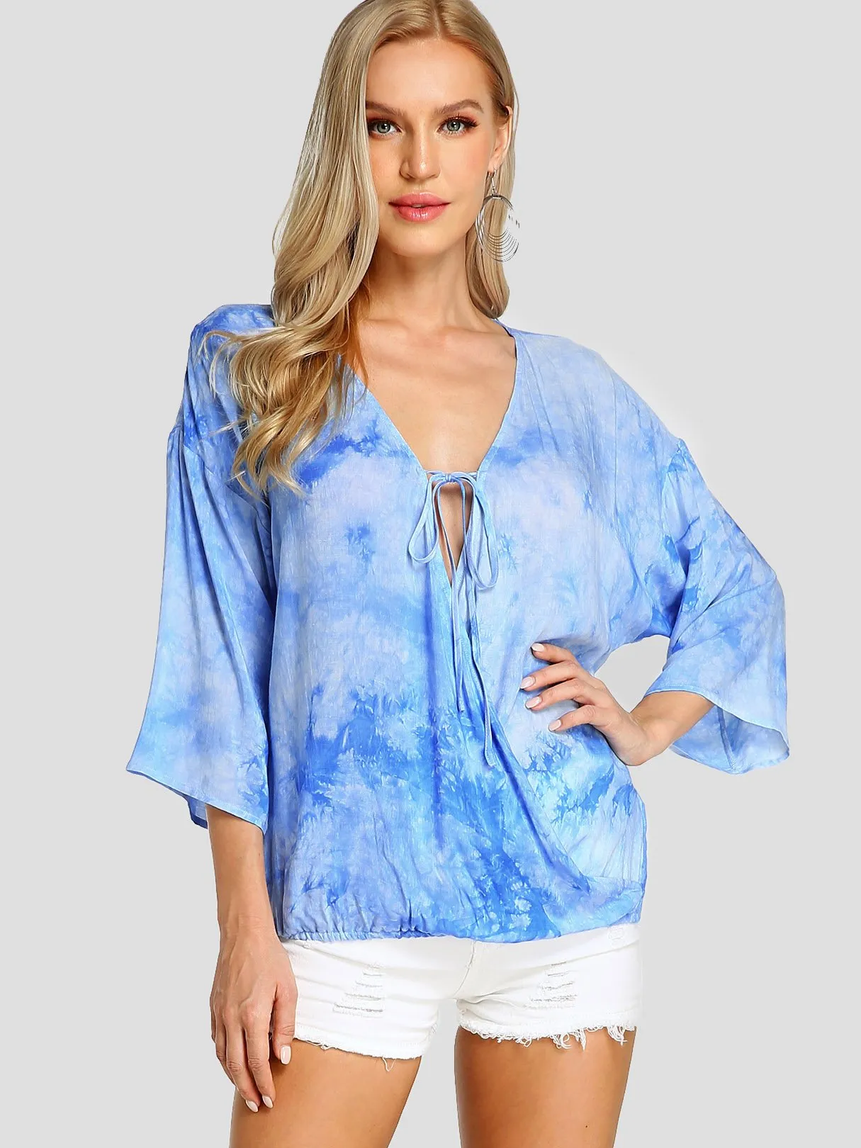 Custom Deep V Neck Crossed Front Lace-Up 3/4 Sleeve Blue Blouses