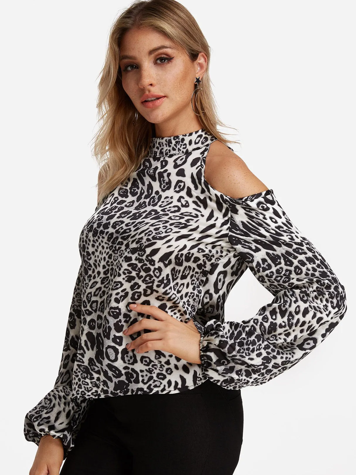 Custom Halter Cold Shoulder Leopard Long Sleeve Grey Blouses