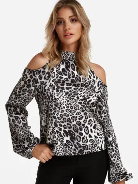 Custom Halter Cold Shoulder Leopard Long Sleeve Grey Blouses