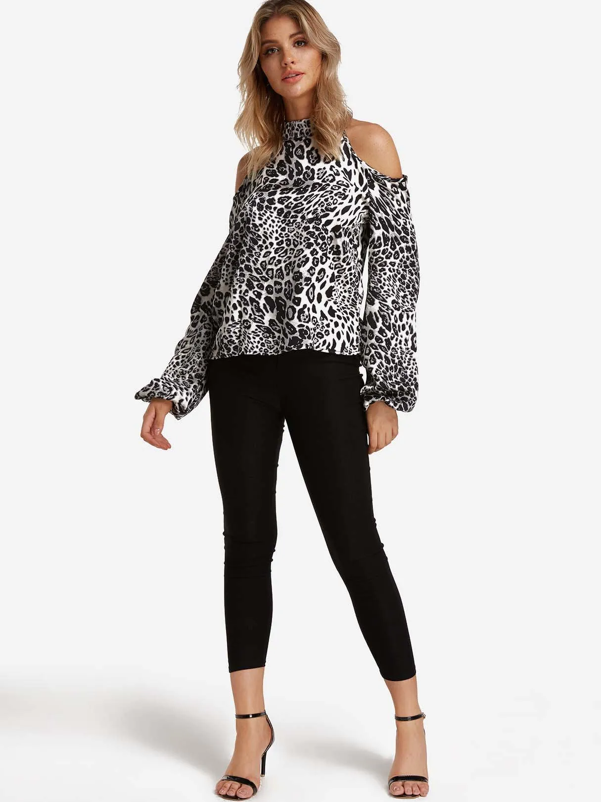 Custom Halter Cold Shoulder Leopard Long Sleeve Grey Blouses