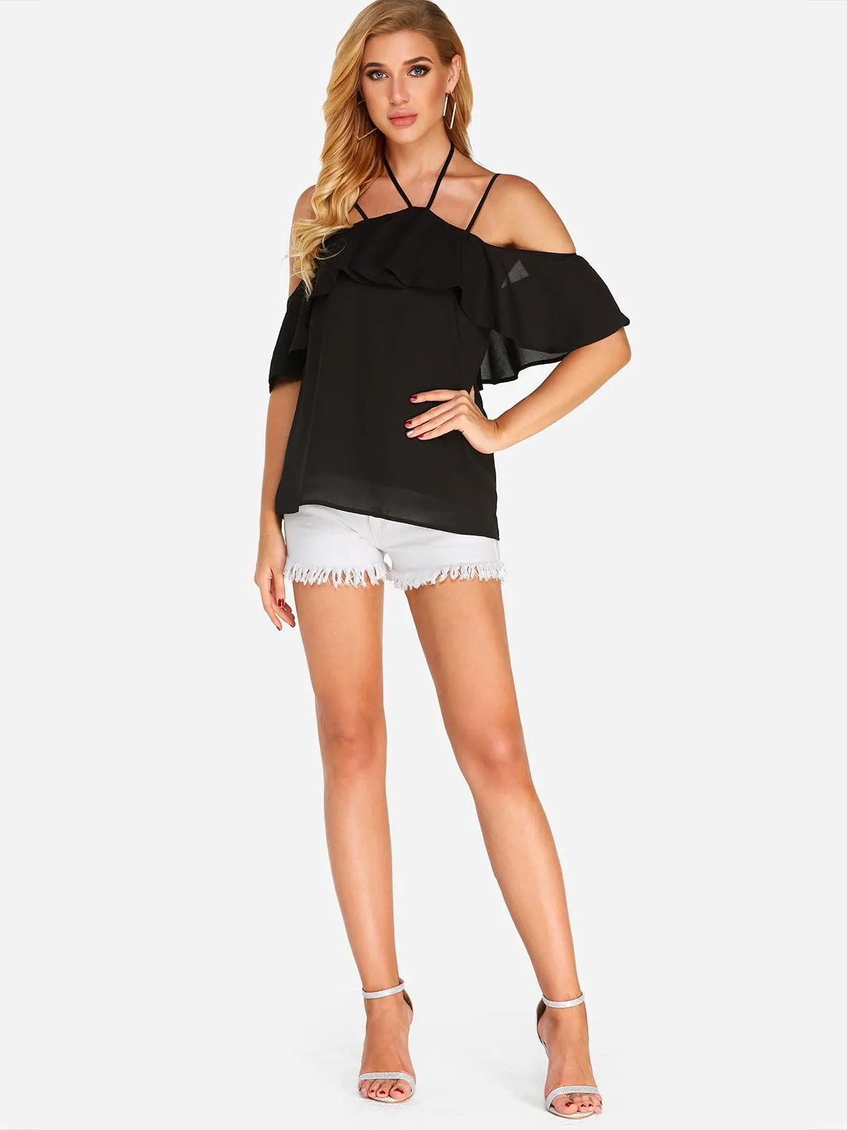 Custom Halter Tiered Short Sleeve Black Blouses