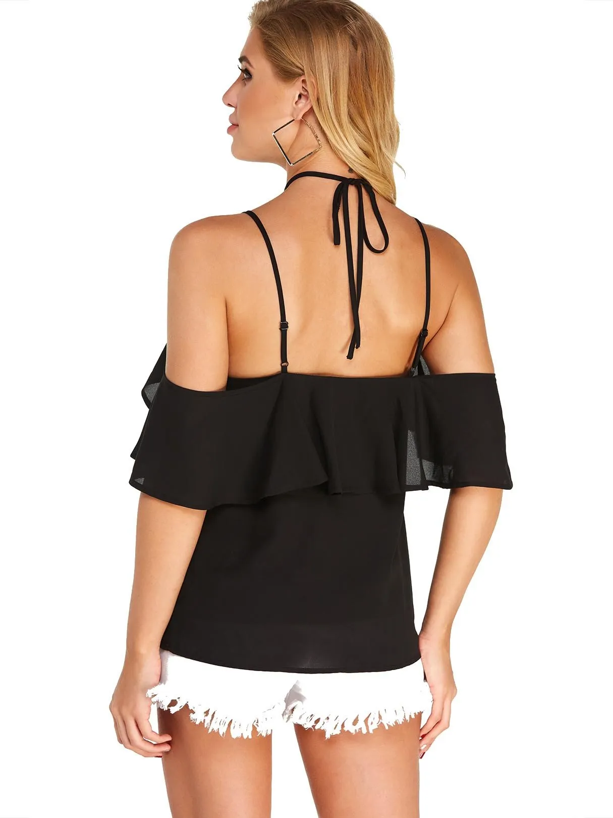 Custom Halter Tiered Short Sleeve Black Blouses