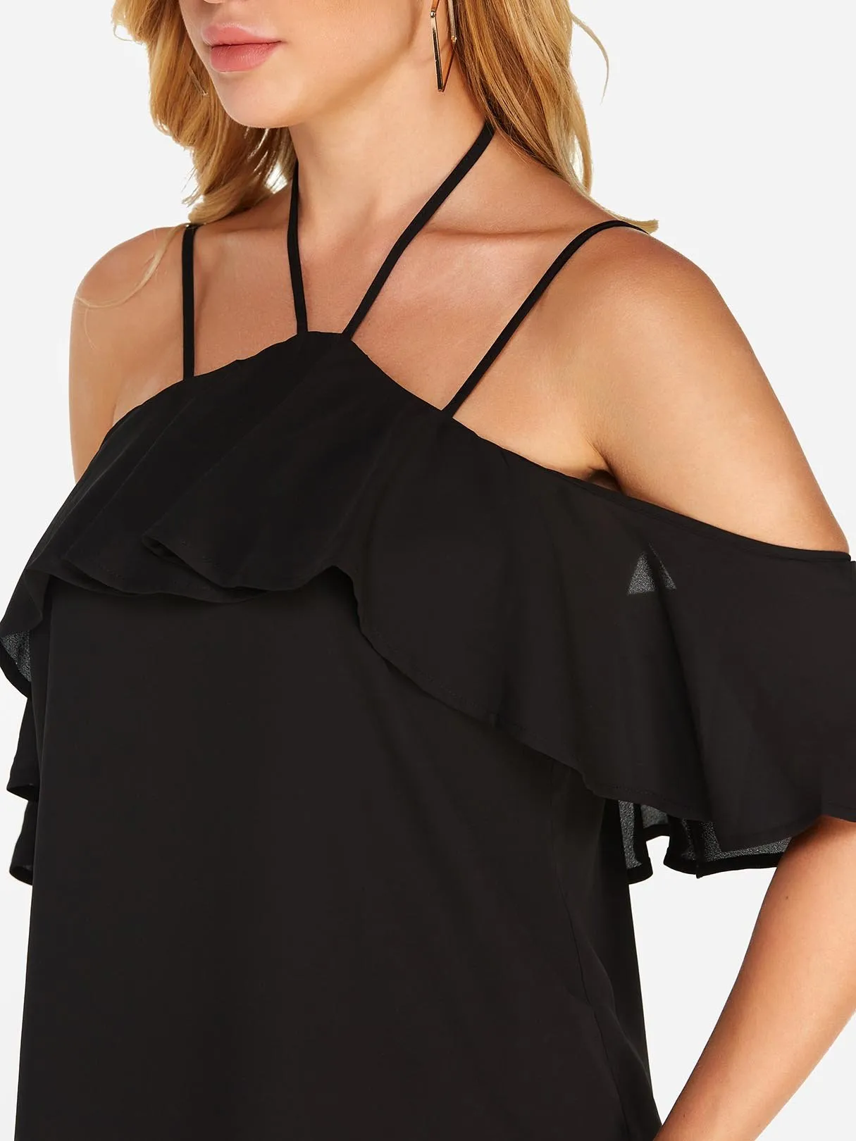 Custom Halter Tiered Short Sleeve Black Blouses