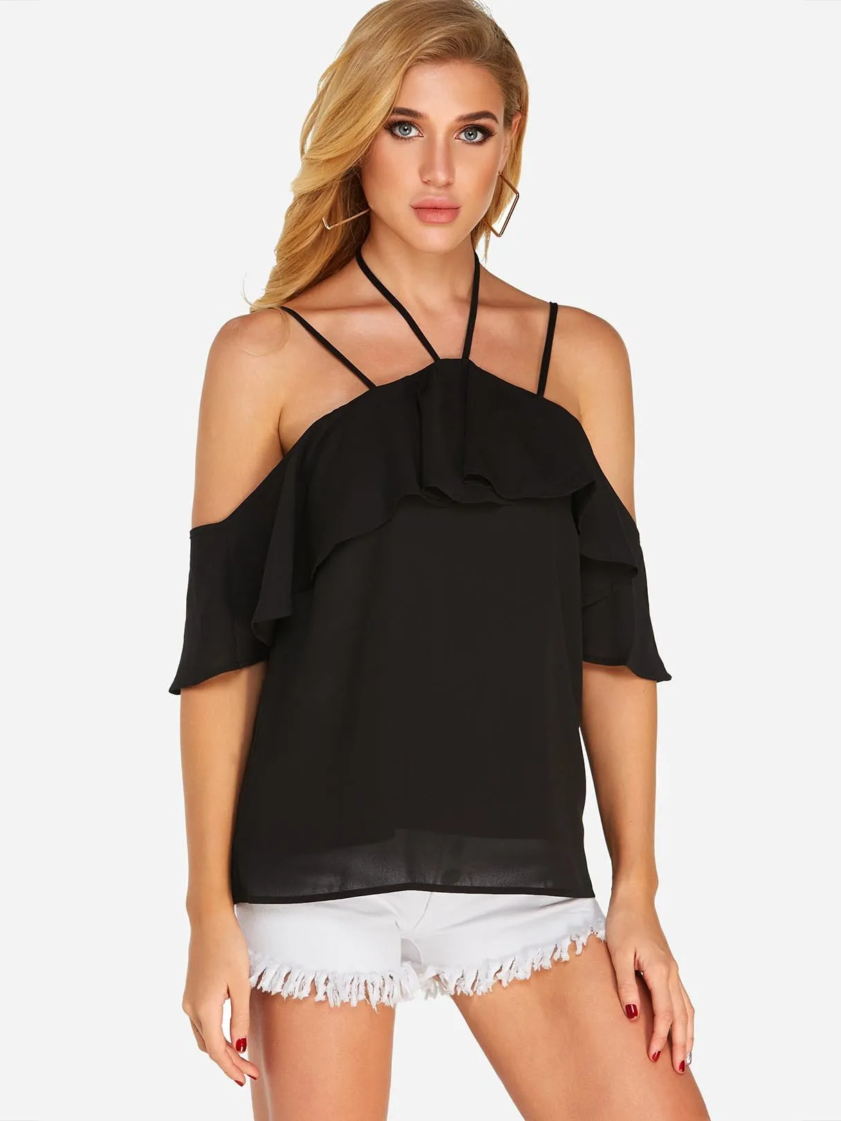 Custom Halter Tiered Short Sleeve Black Blouses